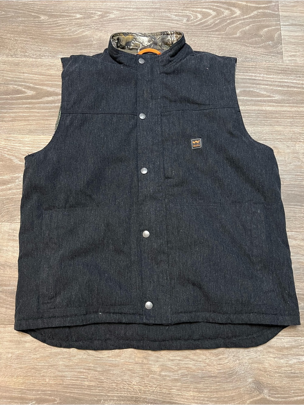 Walls Outdoor Goods Insulated Work Vest Realtree Camo Lined Black Denim Mens XL